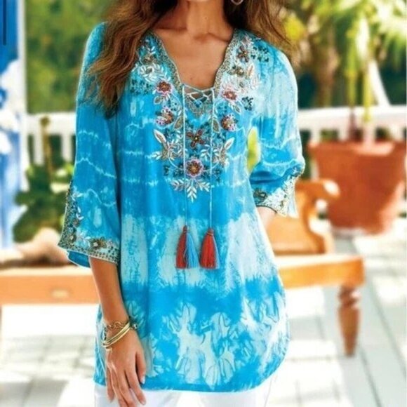 Soft Surroundings Icon‎ Beverly Tunic Top Women S Sky Tie Dye Embroidered Beaded - Picture 1 of 11